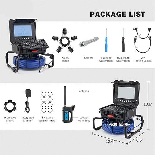 ZELCAN 10.1" Self-Leveling Sewer Camera with 512Hz Locator, Sewer Inspection Camera with 100 ft. Cable & Digital Length Counter, Rechargeable Drain Pipe Camera with Keyboard & 12 LED Lights