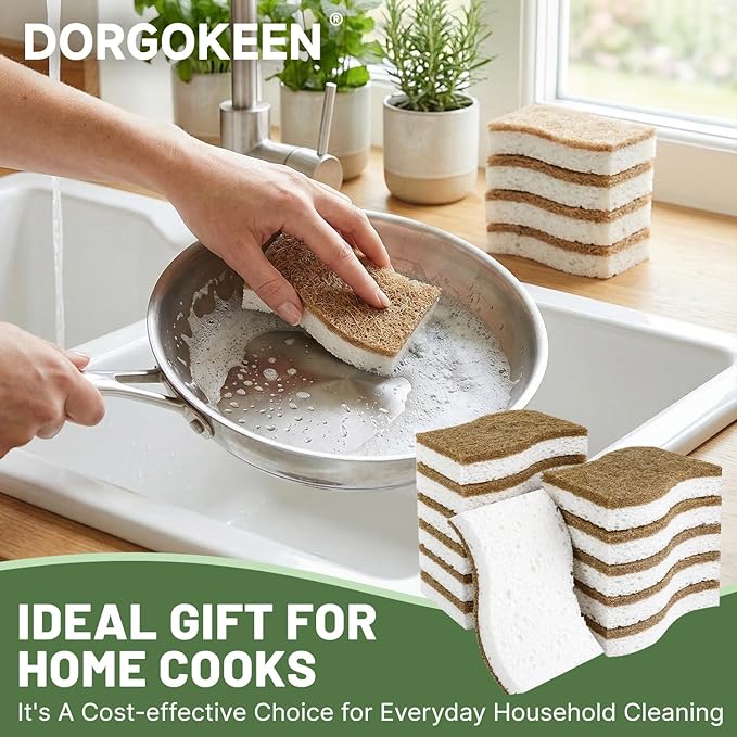 12 Pack Biodegradable Kitchen Dish Sponges, Natural Plant-Based Coconut Fiber and Compostable Cellulose Sponge, Non-Scratch Heavy Duty Scrub Sponges for Non-Stick Cookware, Kitchen Household Cleaning