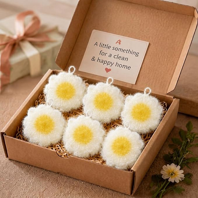 6 Piecs Daisy Shape Dish Sponge Dual Sided Non Scratch Daisy Dish Washing Scrubbers, Reusable Household Cleaning Kitchen Tools for Dishwashing Washing Dishes Cookware