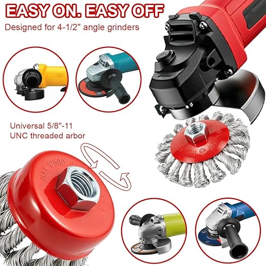 9 Pack Wire Wheel Brush for Angle Grinder, Wire Wheels Attachment for 4-1/2" Angle Grinders, Screws on 5/8” Thread, 4 Inch Knotted Twist Carbon Steel Brush Set for Rust, Paint & Metal Removal