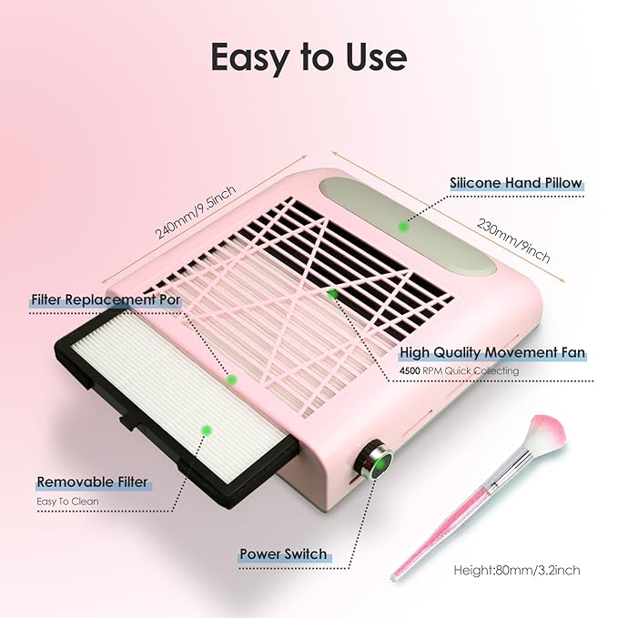 Nail Dust Collector Nail Tech, 80W Powerful Suction Nail Extractor Vacuum with Reusable Filter & Brush, Adjustable Electric Nail Fan Dust Vacuum for Acrylic Gel Nail Polishing Manicure Tool
