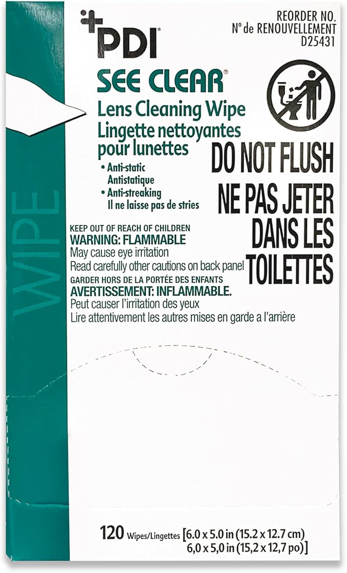 PDI See Clear Lens Cleaning Wipes, Non-Streaking & Anti-Static for Glasses, Eyeglasses, Loupes & Safety Eyewear, 1 Box of 120 Individually Wrapped Packets, Large 6" x 5"