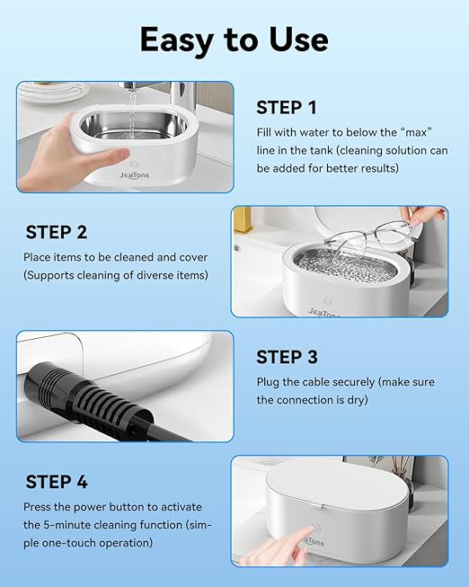 JeaTone Ultrasonic Jewelry Cleaner – 46kHz Sonic Cleaner for Rings, Glasses, Retainers, Dentures, Watches & More, 304 Stainless Steel 20oz Tank (White)