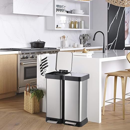GarveeHome 16 gal Step-Open Dual Trash and Recycling Bin with Soft-Close Lid, Modern, Minimalistic for Home, Kitchen, Laundry Room, Office, Bedroom, Bathroom, Without Inner Bucket, 60 L(2x30 L)
