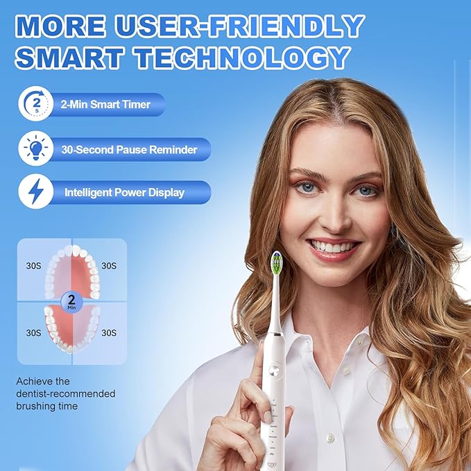 JTF Sonic Electric Toothbrush for Adults: 5 Customized Modes for Effective Yet Gentle Cleaning, 2 Types of Heads for Sensitive Teeth & Braces - with Travel Case and Wireless Charging for Daily Care