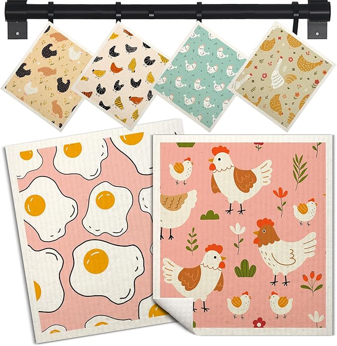 Swedish Dishcloths for Kitchen | 6 Pack Floral Reusable Paper Towels Washable | Swedish Dish Towels | Non-Scratch Cellulose Sponge Cloths | No Odor, Biodegradable Cleaning Cloths, Hen