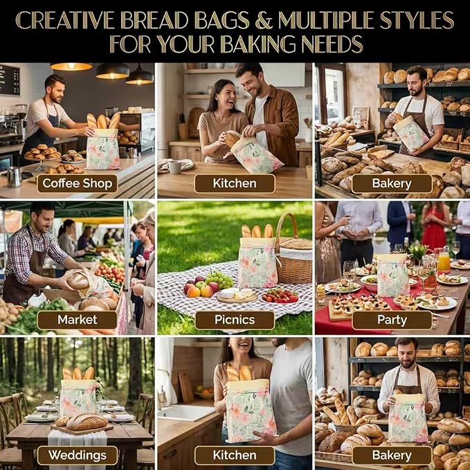 Beeswax Bread Bags, Reusable Food Storage Wraps with Floral and Bee Print Design, 2 Pack (wheat)