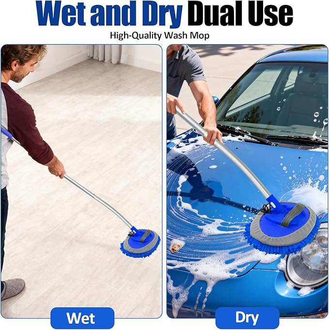 15° Curved Car Wash Brush with Long Handle 43" Extension Cleaning Mop Exterior Interior Carwash Duster 3-Section, 90° Pivoting Extralarge Microfiber Head for Scratch-Free Car, SUV & Truck (Blue)