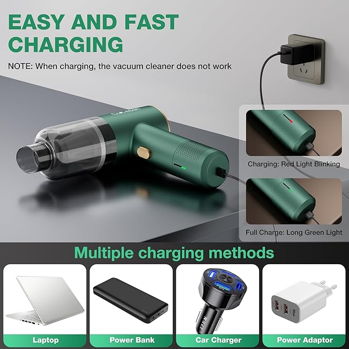 Car Vacuum Portable 4 in 1 Vacuum Cleaner 12000Pa Mini Handheld Vacuum Cordless Rechargeable 120W High Power Vacuum Cleaner & Air Duster Multi-Nozzles for Car Home Office Pet(Green)