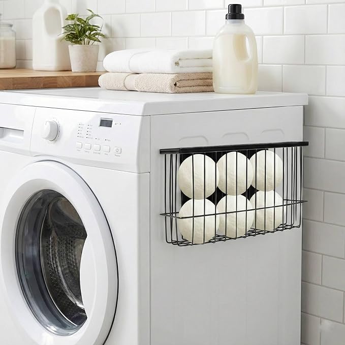 Magnetic Dryer Ball Storage for Laundry Room, Magnetic Lint Bin Basket Organization Storage, Iron Built-in Magnet Dryer Ball Holder Basket Fridge Container for Laundry Room Organizer