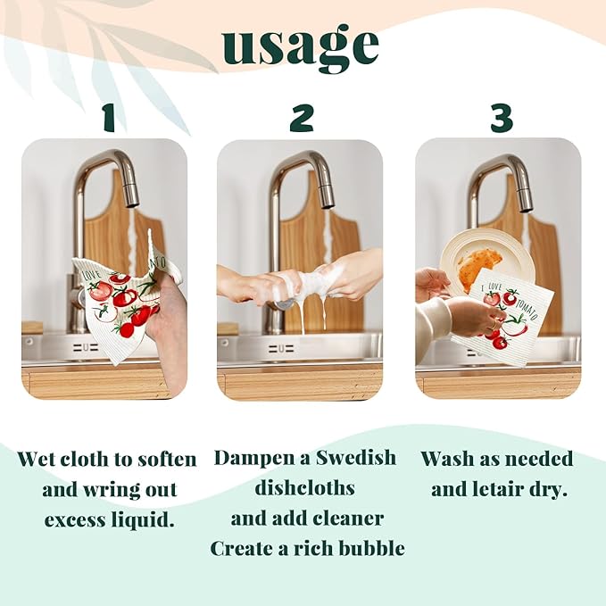 Swedish Dishcloths for Kitchen, Swedish Dish Cleaning Cloths for Vegetable, Beet Chili Tomato Peas,Papaya Reusable Paper Towels, 4 Pack Dish Towels for Kitchen, Reusable Dishcloths Washable