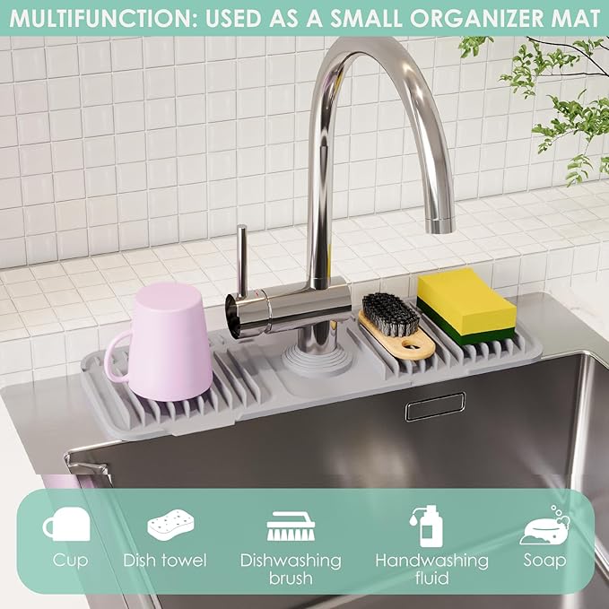 24 Inch Silicone Faucet Mat for Kitchen Sink Splash Guard - 7Β° Slope Water Draining Mat With Fasten Button for Bathroom Area (Gray, 17.7''x5.5'')
