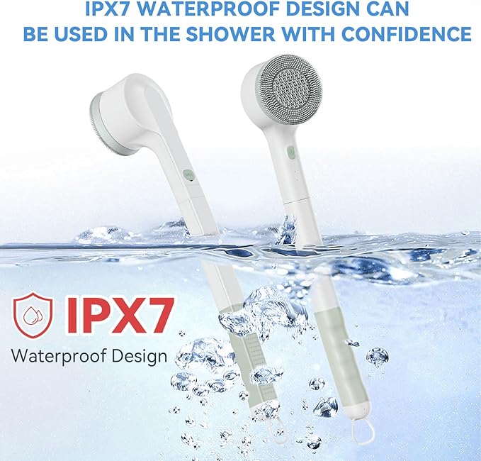 Electric Body Scrubber with Long Handle Cordless Rechargeable Shower Brush for Back Scrubbing and Exfoliating IPX7 Waterproof Vibration Silicone Bath Brush