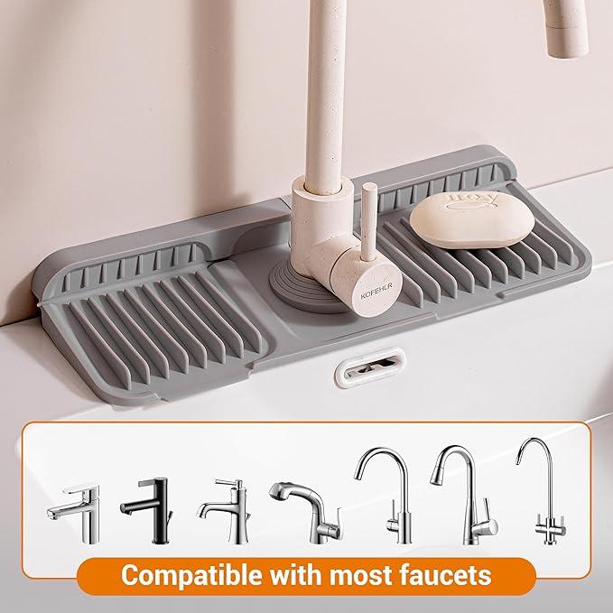ZJWZLG Faucet Mat for Kitchen Sink, 14"X5.5" Silicone Sink Splash Guard with Soap Holder, Snap-On Design & 7°slope Fast Drain, Folding Sink Faucet Mat for Universal Kitchen Bathroom Sink(Grey)