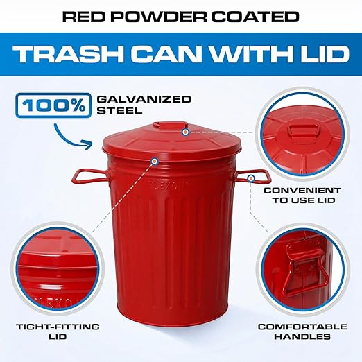 Plexon 2 Gallon Small Metal Trash Can with Lid Bathroom Garbage Can with Lid Bathroom Trash Can for Bedroom Office Kitchen Indoor Waste Basket, Round Powder Coated Red Bucket