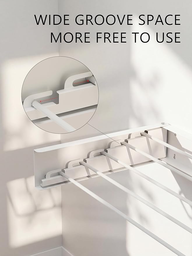 JOOM Laundry Drying Rack Collapsible, Wall Mounted Drying Rack, Clothes Drying Rack, 31.5" Wide, 5 Aluminum Rods, 60 lb Capacity (White 31.5" with Poles)