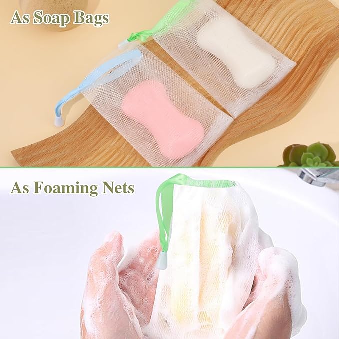 Mozeat Lens 10 PCS Soap Bags Handmade Soap Bubble Mesh Bags Exfoliating Soap Saver Pouch Net Bags with Drawstring Body Facial Cleaning Tool for Bath & Shower (Assorted Colors)