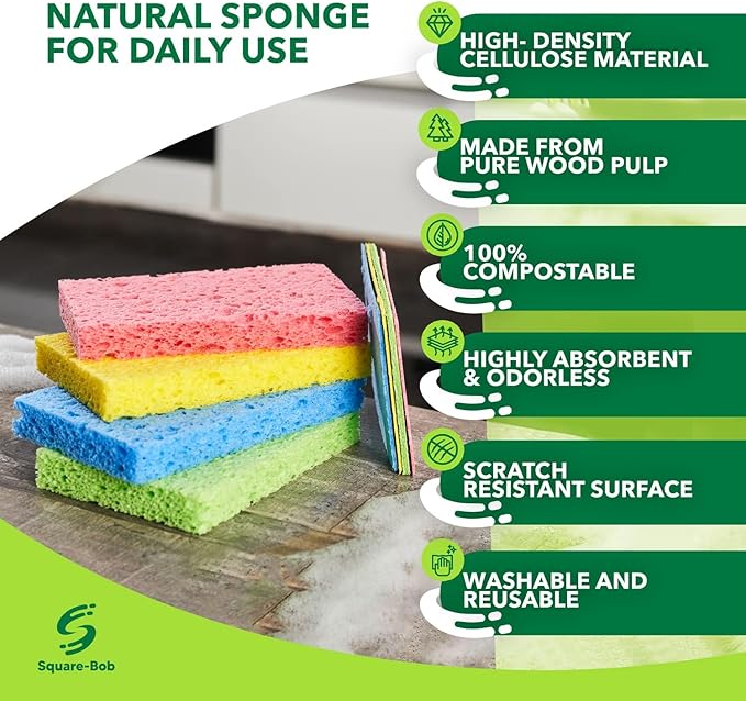 Compressed Non-Scratch Kitchen Sponges - Highly Absorbent for Dishes, Countertop, Sink, Car - Biodegradable, Quick Drying Cellulose Sponges - Assorted Colors (Pack of 12)