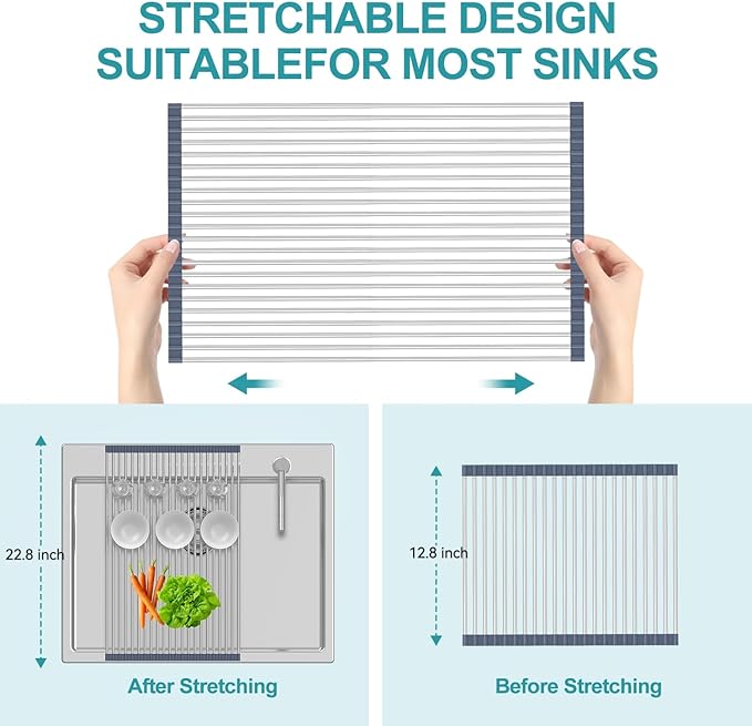 BBXTYLY Extra Large Expandable Roll Up Dish Drying Rack,Over The Sink Drying Rack Sink Cover Kitchen Sink Accessories Kitchen Rolling up Stainless Steel Drainer, Foldable,Rollable(Grey,25.1''-17.3'')