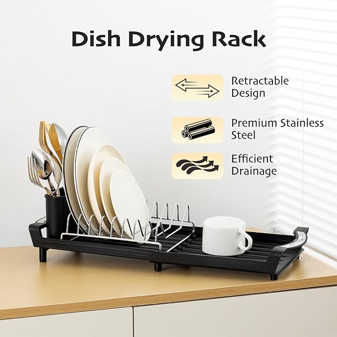Extendable Dish Drying Rack, Stainless Steel, Over Sink or Counter, with Utensil Holder