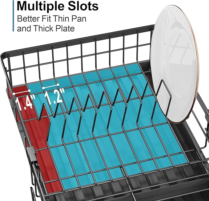 GSlife Expandable Dish Drying Rack for Kitchen Counter, 12-20.5 Inch Compact Dish Rack with Drainboard, Swivel Spout, Cup & Utensil Holder, Rust-Resistant Dish Drainer for Small Kitchen, RV, Black