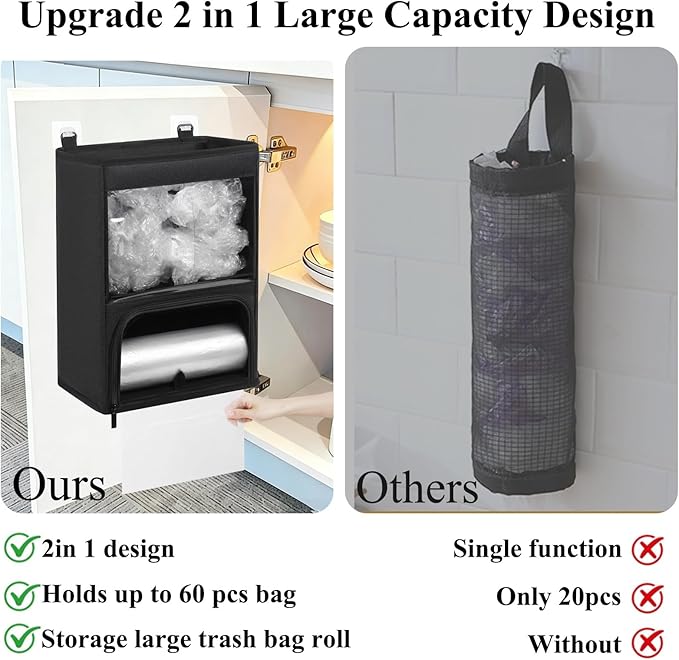 2-in-1 Plastic Bag Holder with Clear Window, Large Grocery Bag Holder and Trash Bag Dispenser with Easy-Access Openings, Plastic Bag Organizer for Kitchen RV Cabinet Wall Mounted (Black)