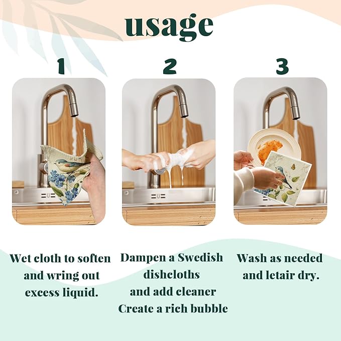 Bird Swedish Dishcloths for Kitchen, Swedish Dish Cleaning Cloths for Spring,Papaya Reusable Paper Towels, 4 Pack Dish Towels for Kitchen, Reusable Paper Dishcloths Washable