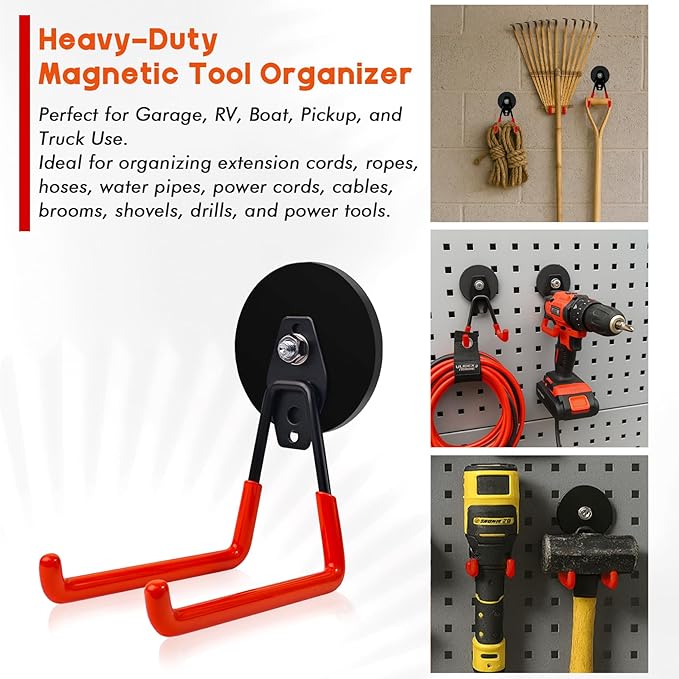 EDSRDUX Heavy Duty Magnetic Hooks – Strong Storage Utility Magnet Hook with Anti-Slip Rubber Coating for Power Tools, Garden Equipment, Pegboard, Garage & Workshop Use (Large Hook - 2 Pack)