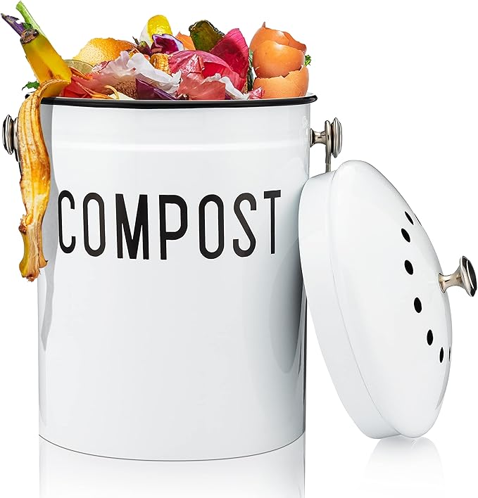 JRW Design White Kitchen Compost Bin Plus 2 Non-Smell Filters, 1.3 Gallon Farmhouse Bin for Countertop, Durable Bin Kitchen with Handle, Easy to Clean, Rust Proof Composting Bin, Compost Bucket