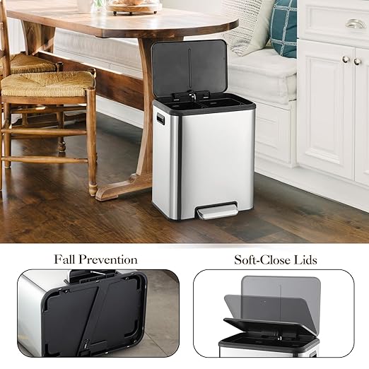 2 x 4 Gallon, Double Trash Can Kitchen for Recycling and Trash, 2 in 1 Garbage Bin, Touchless Motion, Recycle Bin Combo, Stainless Steel Dual Recycling Bins for Kitchens & Office
