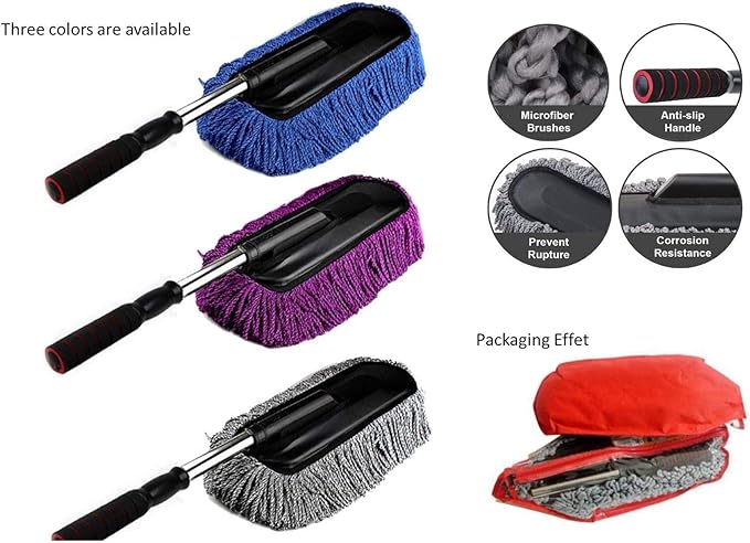 Removable Telescopic Car Wax Drag Nano Fiber Wash Brush Dusting Tool Mop Dash Duster Exterior Interior Cleaning Kit (Premium Duster 1 Pcs Set, Blue)