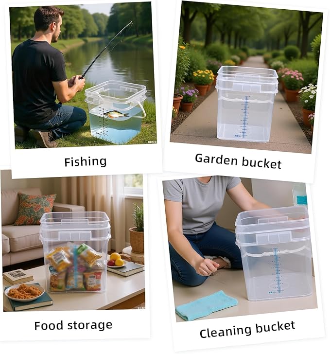 ASEVAT 4 Pcs Square Food Grade Bucket with Lid Square Bucket Pail with Plastic Handles for Storing Dry Food, Charcoal, Camping, Fishing (1+2.6+4.2gal