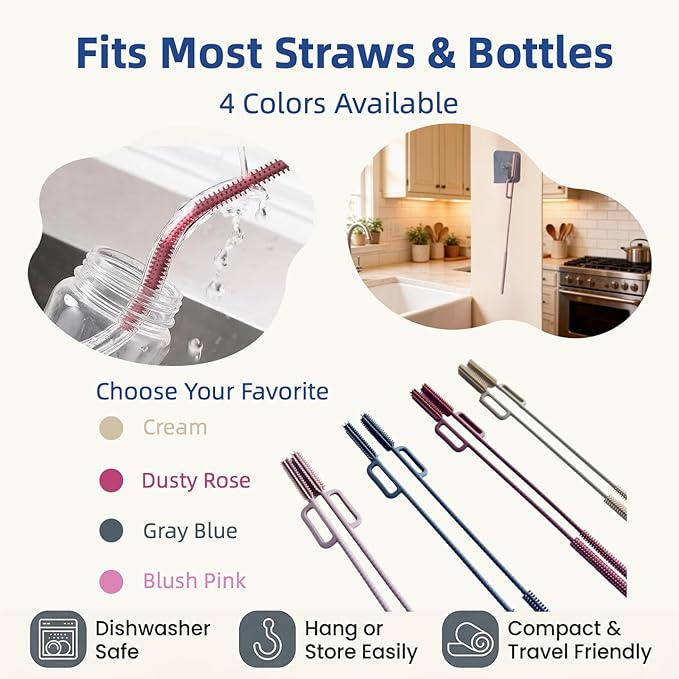 2-in-1 Dual-Head Straw Brush, Premium Silicone Cleaning Brush for Straws & Lid Gaps, Long Flexible for Tumblers & Bottles, Non-Slip Handle, No-Scratch, 2 Pack (6mm & 9mm), Durable & Reusable(Gray