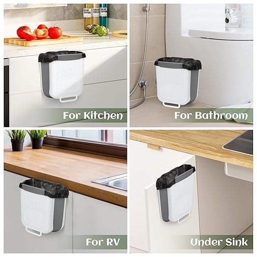 Collapsible Hanging Trash Can, Compost Bin Kitchen with 60pcs of Garbage Bags, 2.6 Gallon Plastic Folding Garbage Bin for Cabinet, RV, Camping, Bedroom