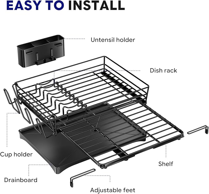 Simple Trending Dish Rack - Adjustable Dish Drying Rack for Kitchen Counter, Large Capacity Dish Drainers, Stainless Steel Dish Strainer with Utensil & Cup Holders, Black