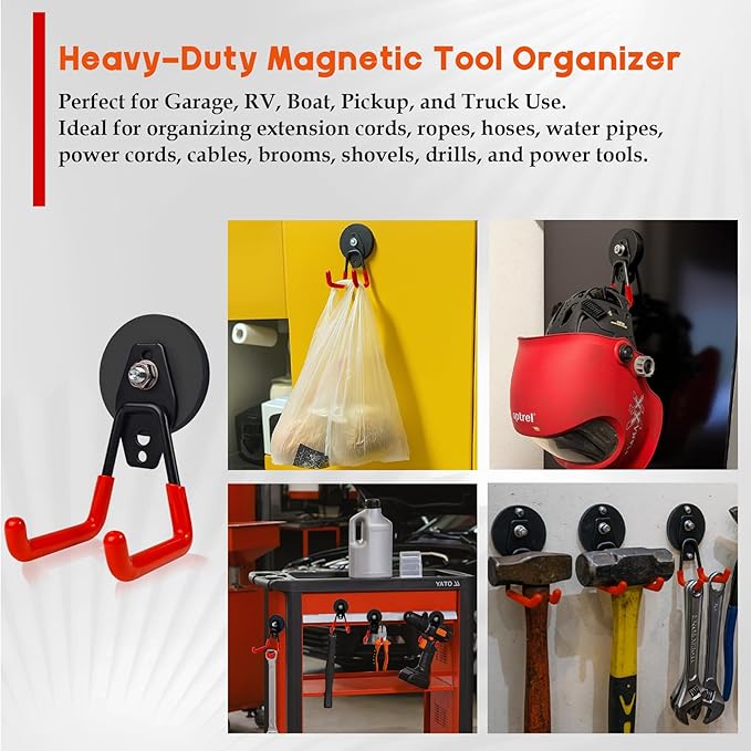 EDSRDUX Heavy Duty Magnetic Hooks – Strong Storage Utility Magnet Hook with Anti-Slip Rubber Coating for Power Tools, Garden Equipment, Pegboard, Garage & Workshop Use (Medium Hook - 2 Pack)