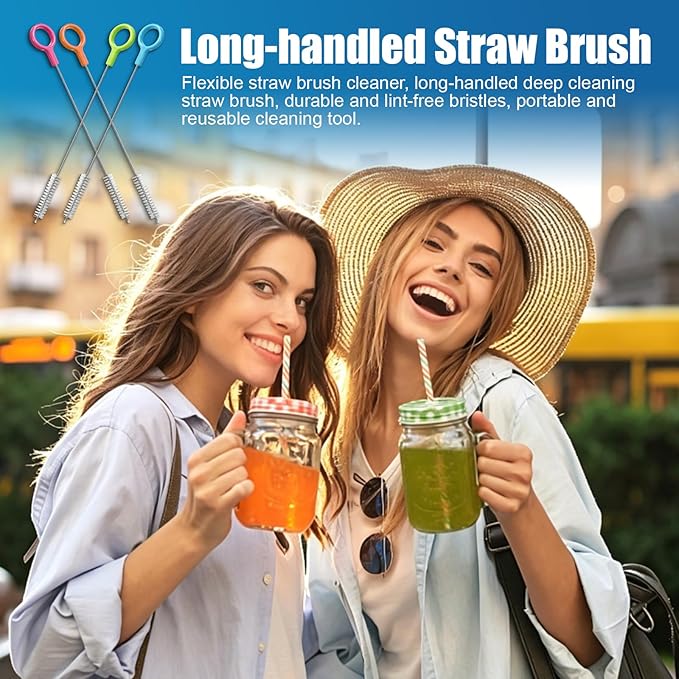 AONEZ Straw Cleaner Brushes Set of 4 – Straw Brush with Non-Slip Handle in Extra-Long Brush for Metal and Plastic Reusable Drinking Straws – Blue, Green, Orange, Pink