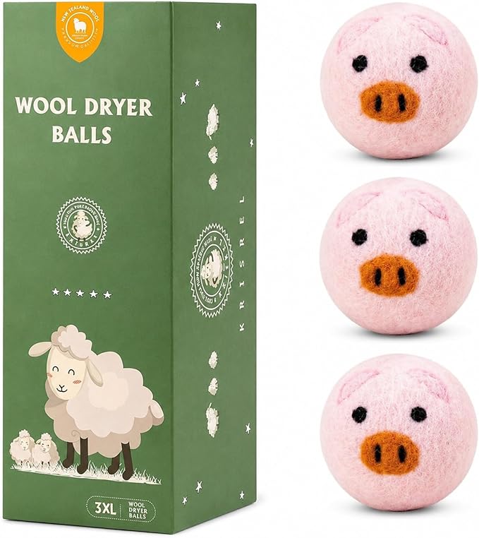 Wool Dryer Balls 3 Pack XL, Natural Fabric Softener New Zealand Wool,Handmade Organic Laundry Dryer Balls, Reusable 1000 Loads,Wrinkles Free, Shorten Drying Time(3 Pack,Pink Pig)