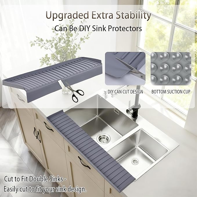 Silicone Sink Edge Protector with Suction Cup 4" x 20",Kitchen Sink Splash Guard for Kitchen, Bathroom Sink, Steel, Granite, Quartz Countertops,Multifuctional Sink Accessories (Gray)
