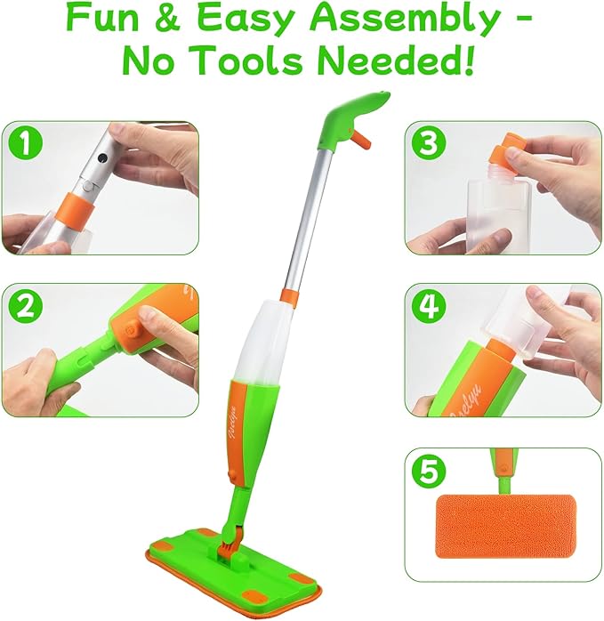 Toddler Spray Mop - Fun & Educational Montessori Housekeeping Toys Mini Size Cleaning Set Includes Kids Mop with Real Water Sprayer Washable Microfiber Pads & Scraper