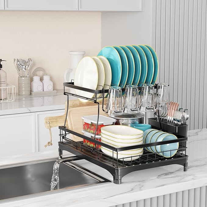 Simple Trending Dish Drying Rack, Stainless Steel Dish Racks for Kitchen Counter, Large Capacity 2-Tier Dish Drainer Organizer with Utensil Holder, Black