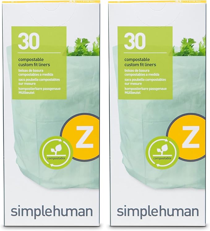 simplehuman Code Z Compostable Custom Fit Liners, Certified Compostable Trash Bags for Compost Caddy, Plant-Based PVOH Plastic, Backyard or Commercial Composting, 4 Liter / 1 Gallon (Pack of 60)