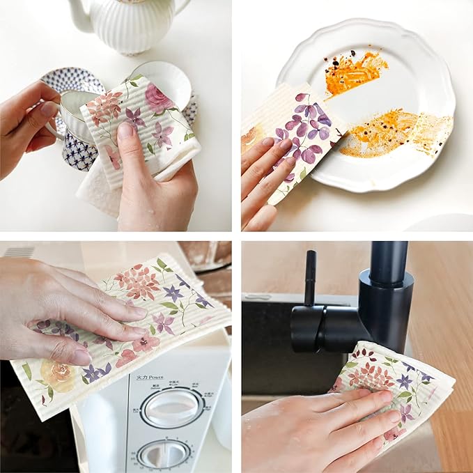 Floral Swedish Dish Cloths - 6 Pack Reusable Compostable Kitchen Cloth,Cellulose Sponge Dish Cloths Dish Towel Set
