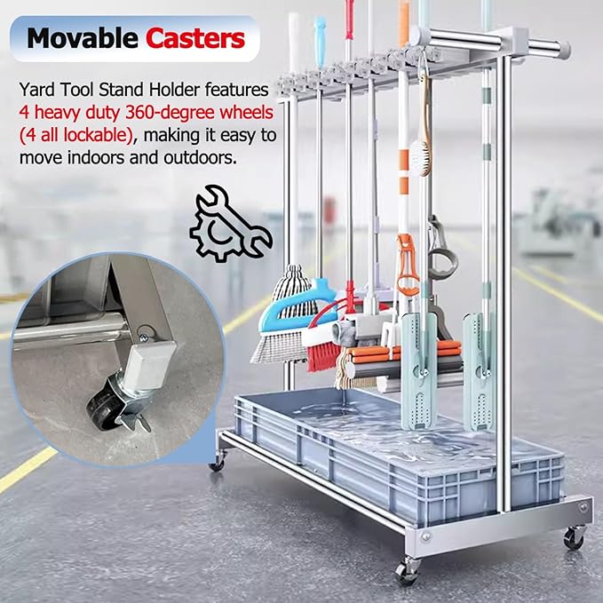 Mop Holder Rack with Rolling Wheels, Industrial Steel Freestanding Broom Storage Utility Cart, Home/Garage/Garden Tool Organizer, Heavy-Duty, Supports up to 220lbs