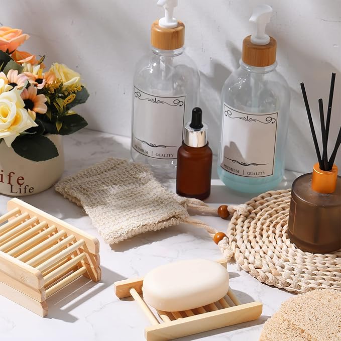 Soap Accessories Set Including Wood Soap Holder Soap Dishes for Bar Soap Tray, Soap Saver Bag Exfoliating Soap Pouch, Self Draining Soap Saver Pads for Bathroom Men Bath (120)