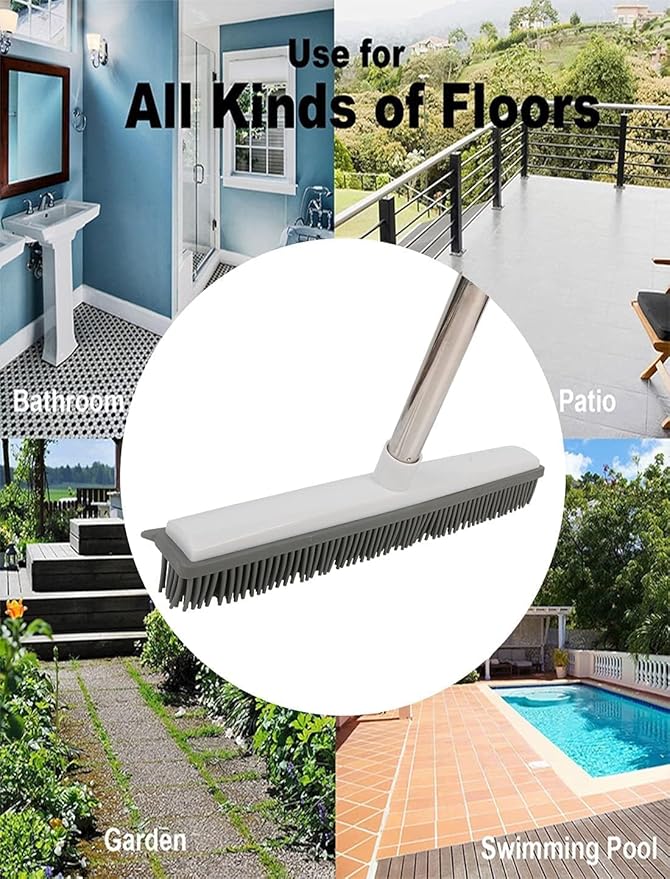 Rubber Broom with Handle, Broom Rubber Bristles Removing Animals Cats Dogs Hair for Floors for Carpets Tiles Windows and Gardens White