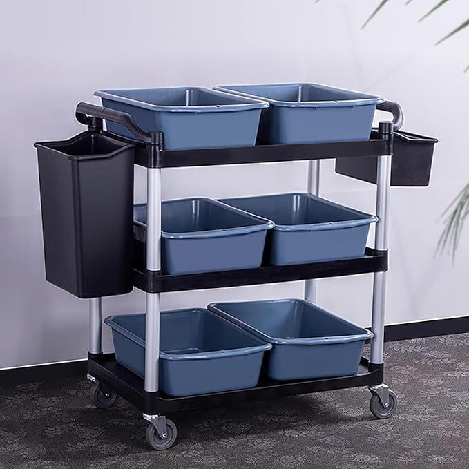 Storage Cart 3 Tier Heavy Duty Commercial Grade Utility Cart,Dish Cart for Restaurant,Multi-Function Mobile Shelving Unit Organizer for Hotel,Restaurant,Kitchen,Laundry Room with 6 Basin 2 Barrels