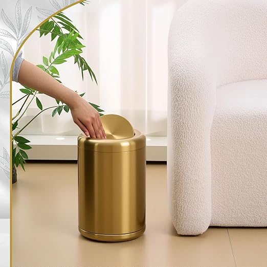 Maxdot 2 Pcs Small Gold Bathroom Trash Can with Flipping Lid and Toilet Brush Set 2.6 Gal/10 L Stainless Steel Garbage Can for Office Living Room Kitchen Bedroom Hotel, Toilet Brush with Holder
