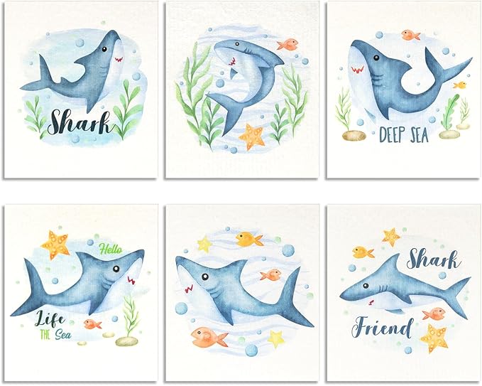 Swedish Dishcloths for Kitchen | 6 Pack Floral Reusable Paper Towels Washable | Swedish Dish Towels | Non-Scratch Cellulose Sponge Cloths | No Odor, Biodegradable Cleaning Cloths, Shark