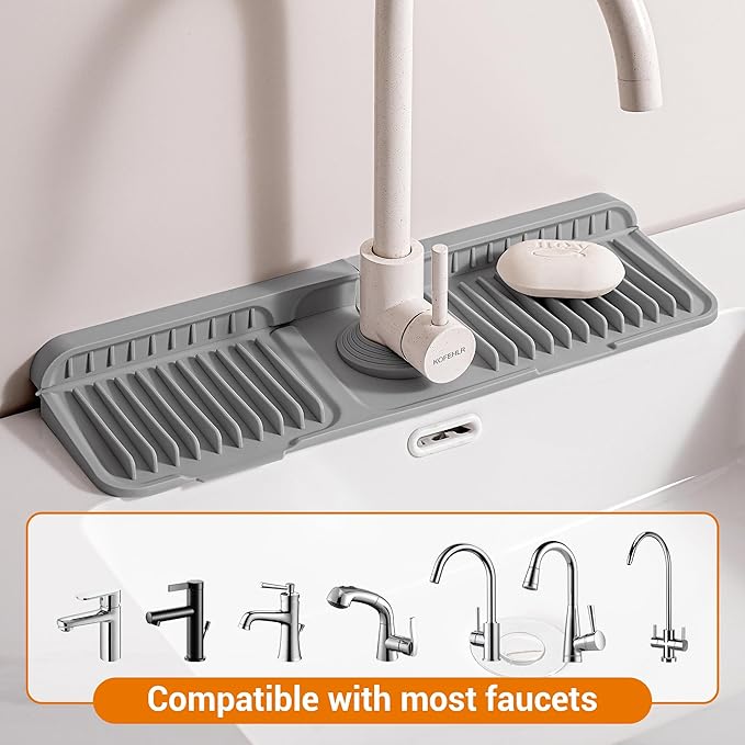 ZJWZLG Faucet Mat for Kitchen Sink, 17.7"X5.5" Silicone Sink Splash Guard with Soap Holder, Snap-On Design & 7°slope Fast Drain, Folding Sink Faucet Mat for Universal Kitchen Bathroom Sink(Grey)